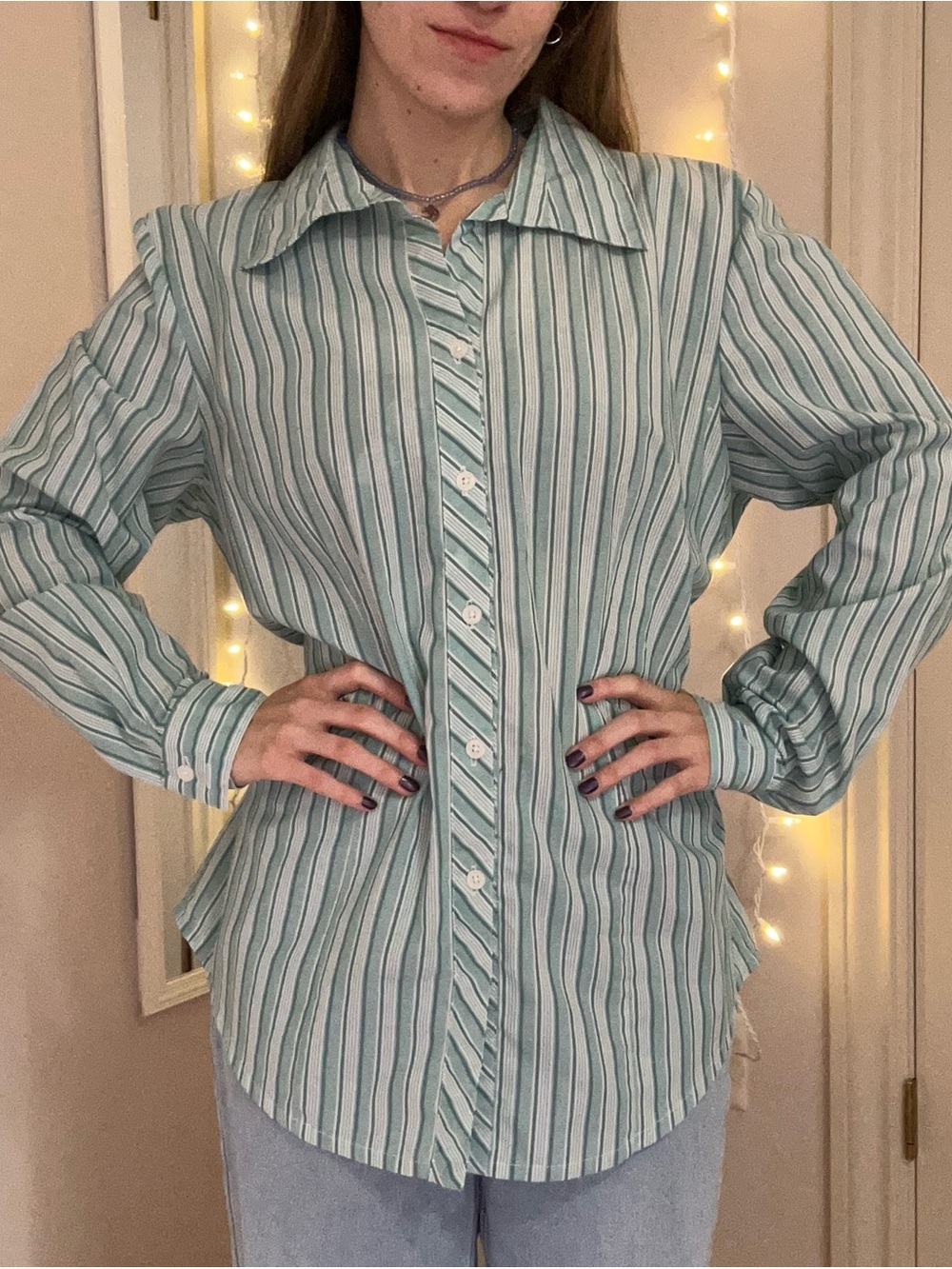 Blue and White Button Up Blouse